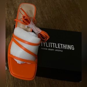 Orange Wide Fit Faux Leather Square Triple Strap Ankle Tie Block Heeled Sandals